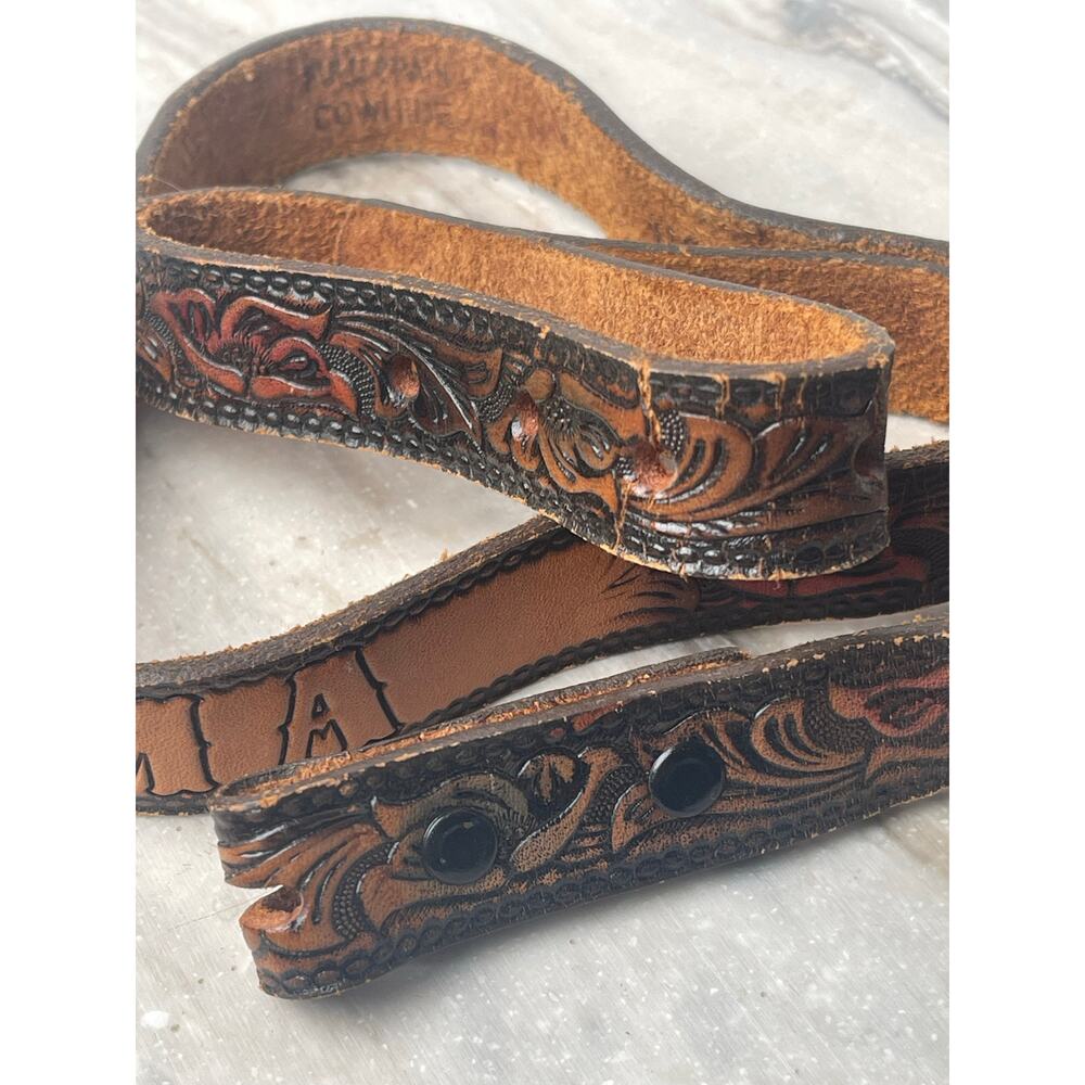 Vintage Thelma Hand Tooled Leather Western Name Belt Size 30 Full Grain Cowhide